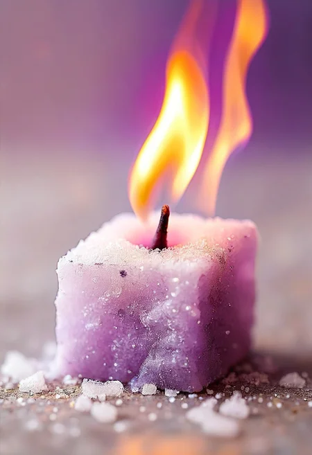 Close-up of a sugar cube, purple Flames, macro photography, vivid colors, pixiv lighting, high resolution, clear focus, Rule of thirds