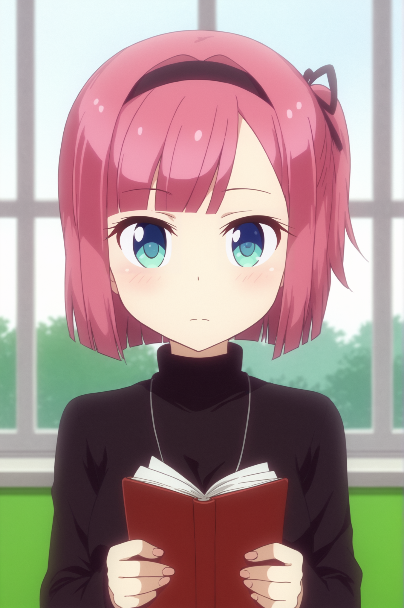 <lora:Momiji_Mochizuki:0.7> Momiji Mochizuki, 1girl, solo, looking_at_viewer, holding, closed_mouth, book, window, turtleneck, portrait <lora:sdxl_lightning_4step_lora:1>