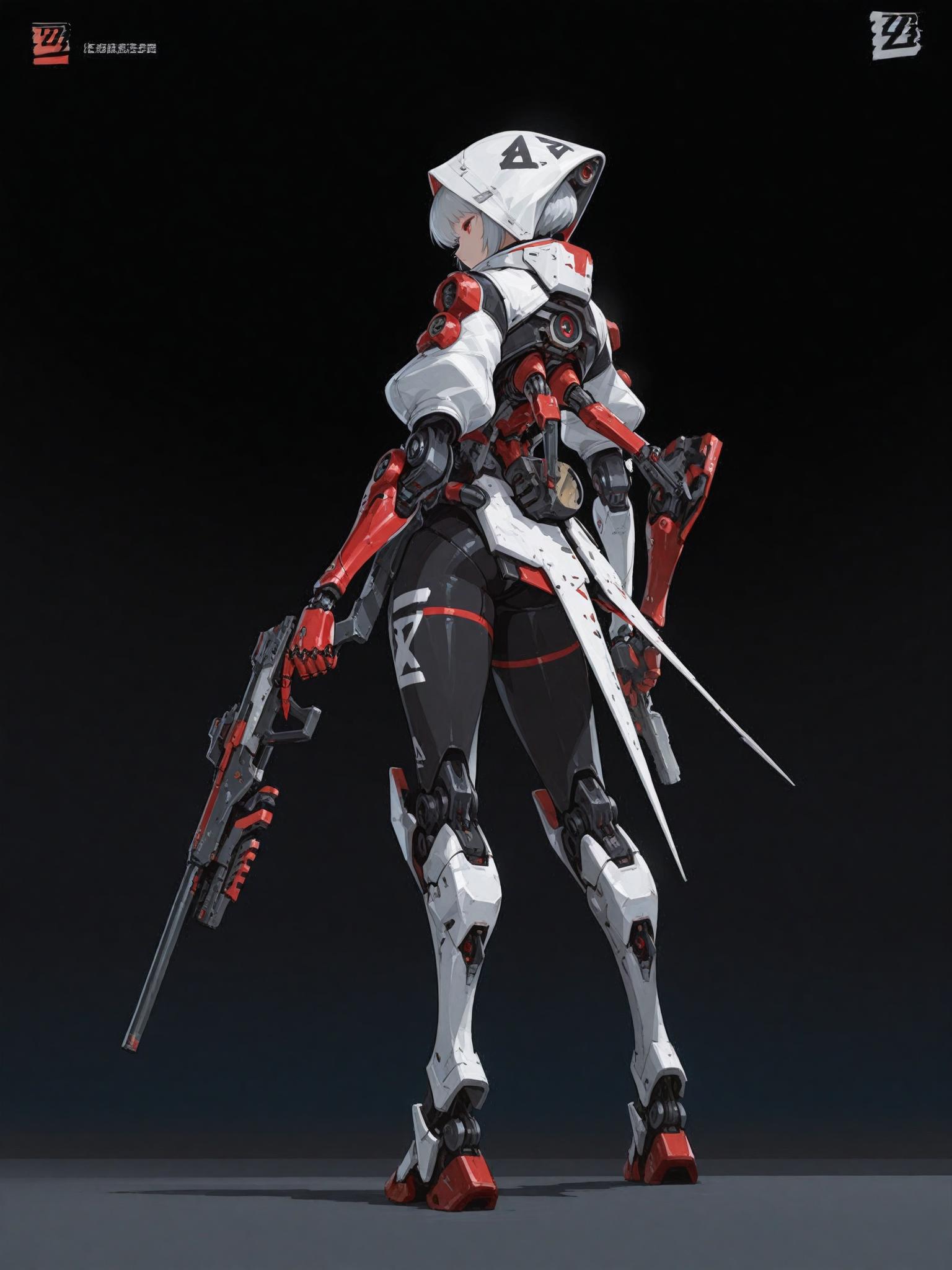 ZZZ, (masterpiece, best quality, extremely detailed:1.2), a futuristic anime girl with short silver hair, wearing a white and black high-tech jacket, dark leggings with red and blue accents, and armored boots, holding a large black and red futuristic weapon across her body, intricate mechanical details, extra arms,mechanical arms,holding, weapon, hood, gun, holding gun, holding weapon,soft lighting, standing on a plain background, full body shot, sharp focus, concept art,Type-4,