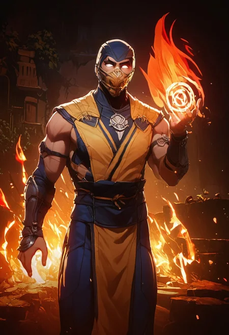 ((cowboy shot viscore_9, score_8_up, score_7_up, BREAK source_anime, source_cartoon, ninja 1boy with a mask, white eyes, casting a fire spell, standing a a chinese temple in ruins <lora:Scorpion1995-1024:0.8>