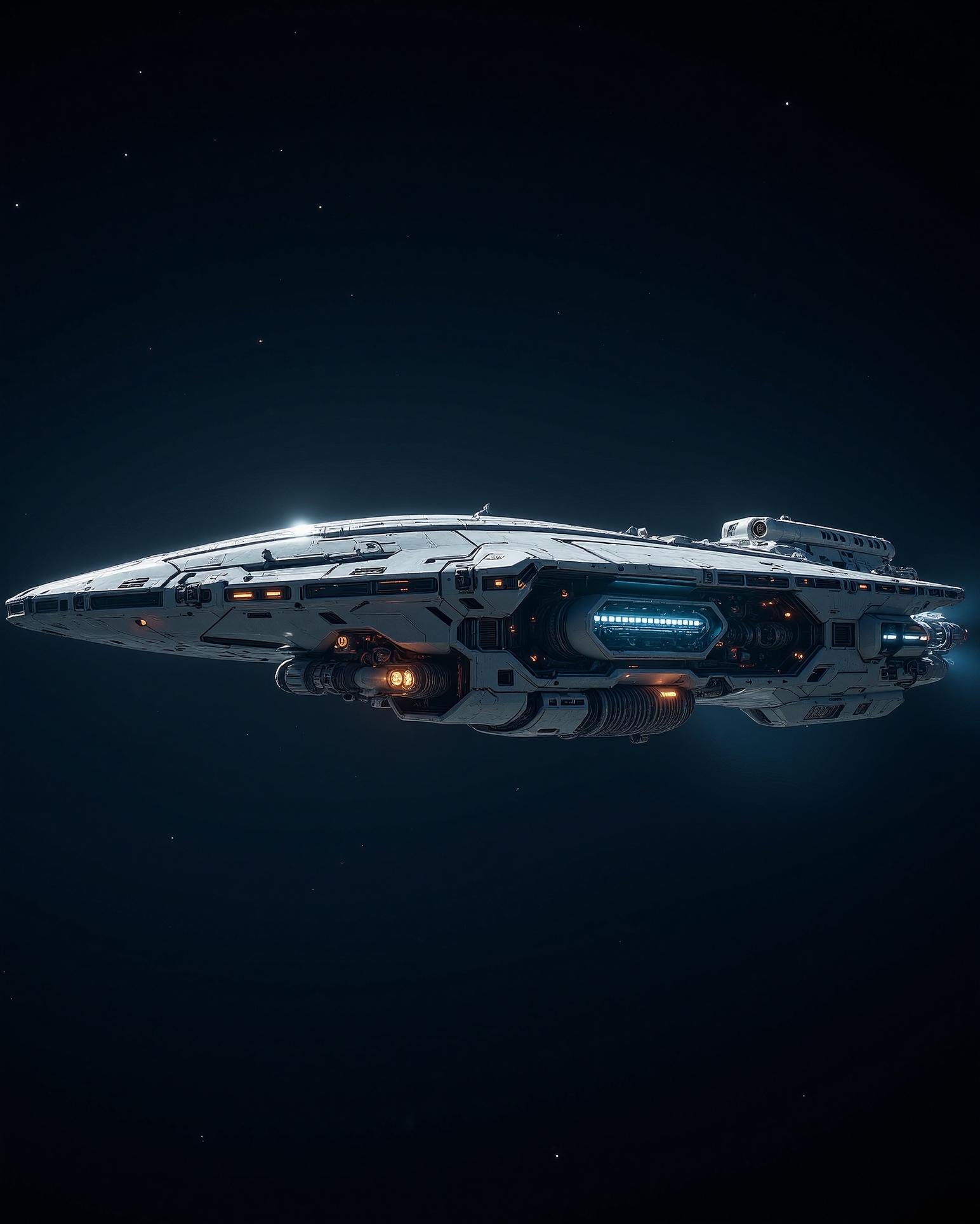 in the style of cksx, In the lonely, vast expanse far between stars, a solitary deep space exploration space vessel hangs suspended. Cold starlight glints off its durable, perhaps slightly weathered hull, designed for decades-long missions. Multiple sensor arrays passively scan the void. Only the dim glow from its bridge window and the faint hum of its fusion engines break the silence. Capture the feeling of immense isolation and the grandeur of exploration.