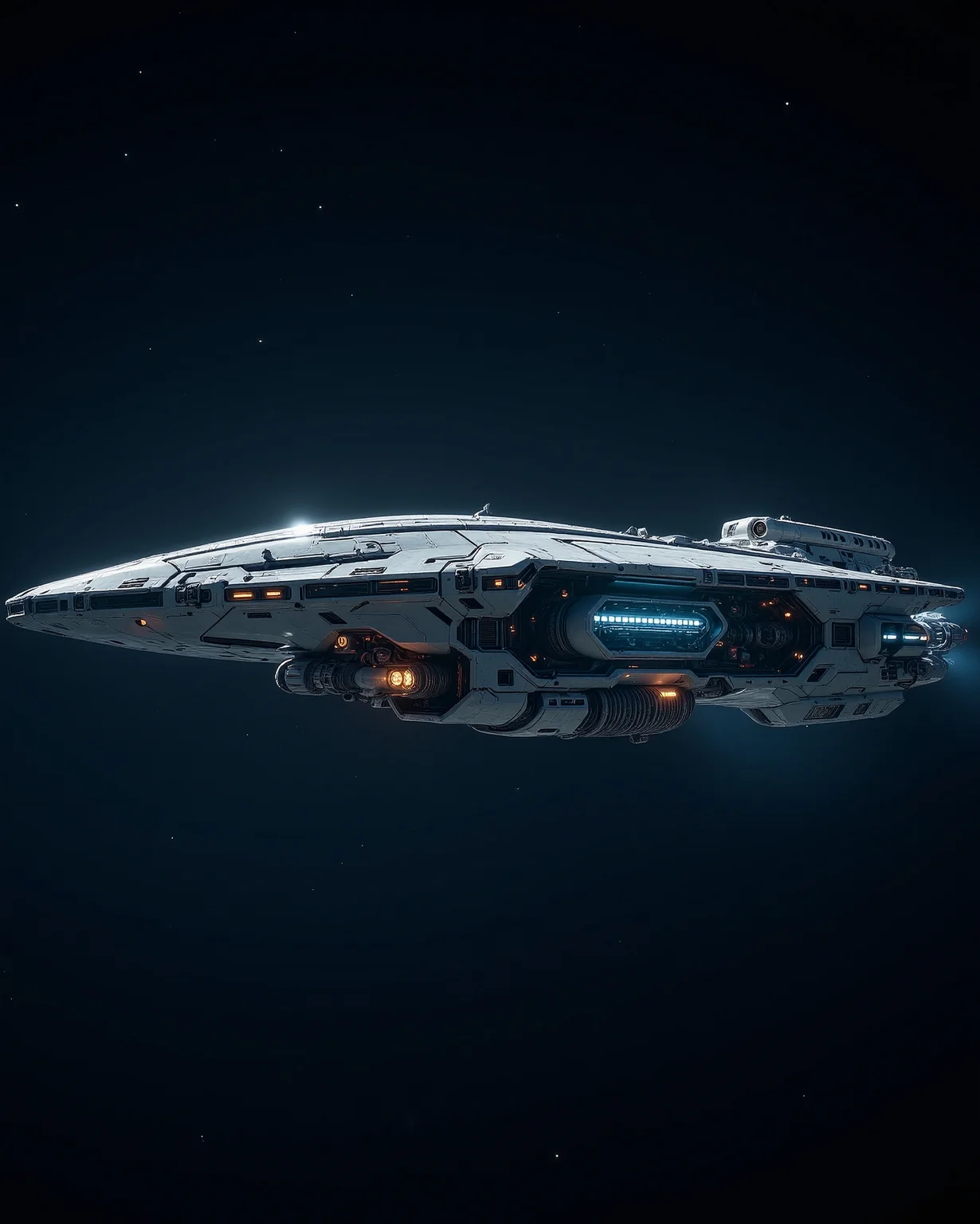 in the style of cksx, In the lonely, vast expanse far between stars, a solitary deep space exploration space vessel hangs suspended. Cold starlight glints off its durable, perhaps slightly weathered hull, designed for decades-long missions. Multiple sensor arrays passively scan the void. Only the dim glow from its bridge window and the faint hum of its fusion engines break the silence. Capture the feeling of immense isolation and the grandeur of exploration.