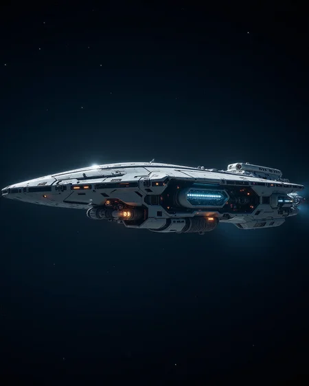 in the style of cksx, In the lonely, vast expanse far between stars, a solitary deep space exploration space vessel hangs suspended. Cold starlight glints off its durable, perhaps slightly weathered hull, designed for decades-long missions. Multiple sensor arrays passively scan the void. Only the dim glow from its bridge window and the faint hum of its fusion engines break the silence. Capture the feeling of immense isolation and the grandeur of exploration.