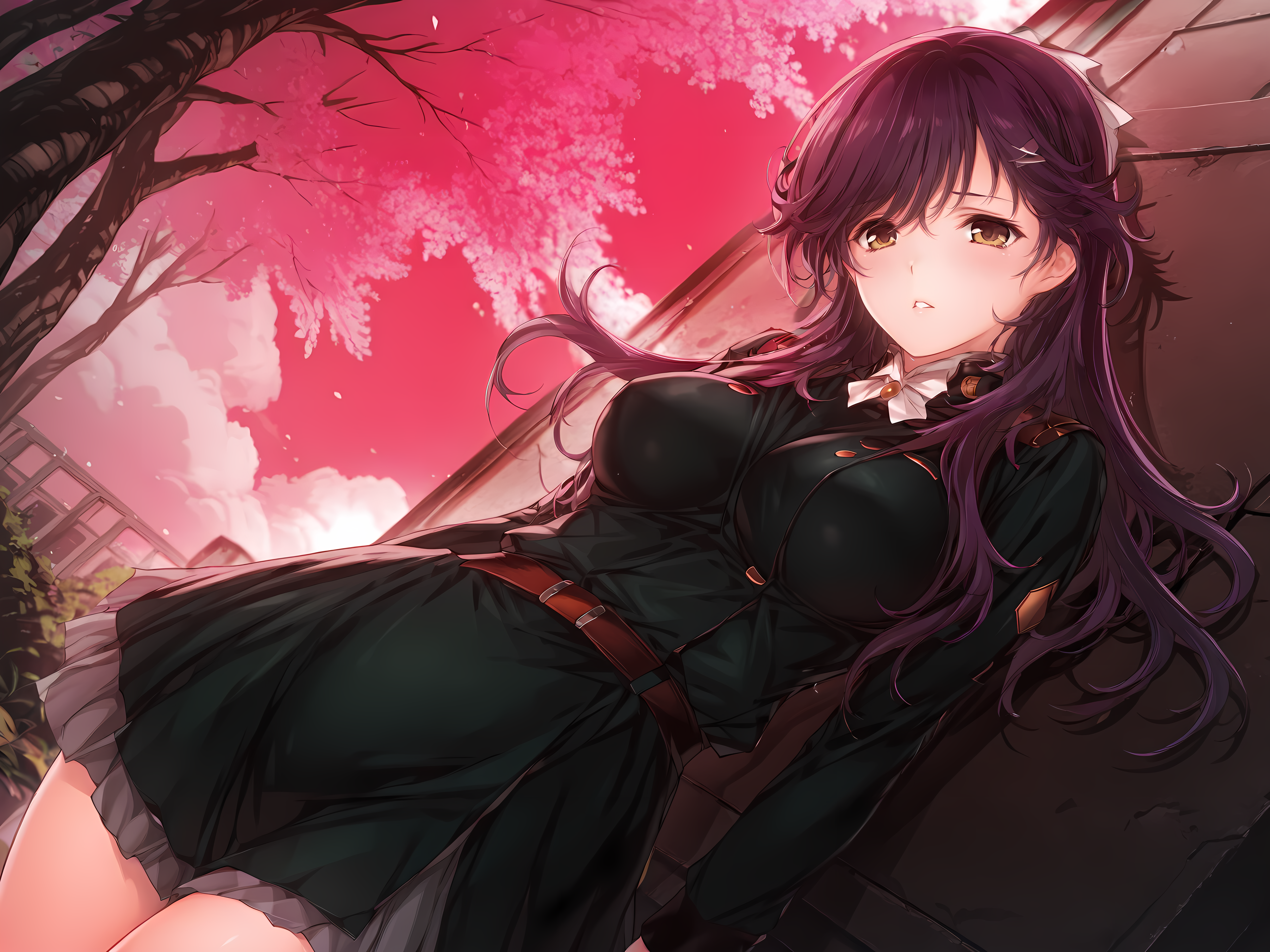 <lora:HaHa_Ranman_Illustrious:1>,saki,alicesoft,sakm outfit,military uniform,yellow eyes,parted lips,outdoors,cowboy shot,, masterpiece,best quality,amazing quality,