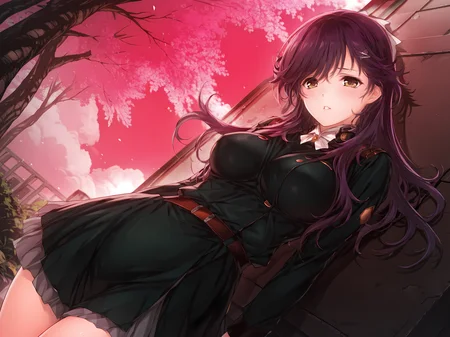 <lora:HaHa_Ranman_Illustrious:1>,saki,alicesoft,sakm outfit,military uniform,yellow eyes,parted lips,outdoors,cowboy shot,, masterpiece,best quality,amazing quality,