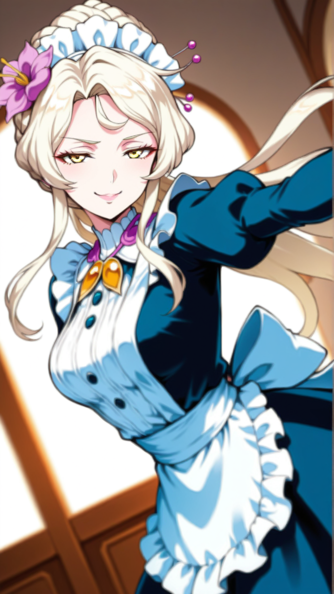 source_anime, general, best quality, masterpiece, 1girl,  <lora:Sasha_ill_v1.0:1> sasha\(scarlet grace\),yellow eyes, long hair, blonde hair,white hair,hair ornament, hair flower, maid, maid headdress, maid apron, dynamic pose, dutch angle,seductive smile, smug,  cowboy shot,