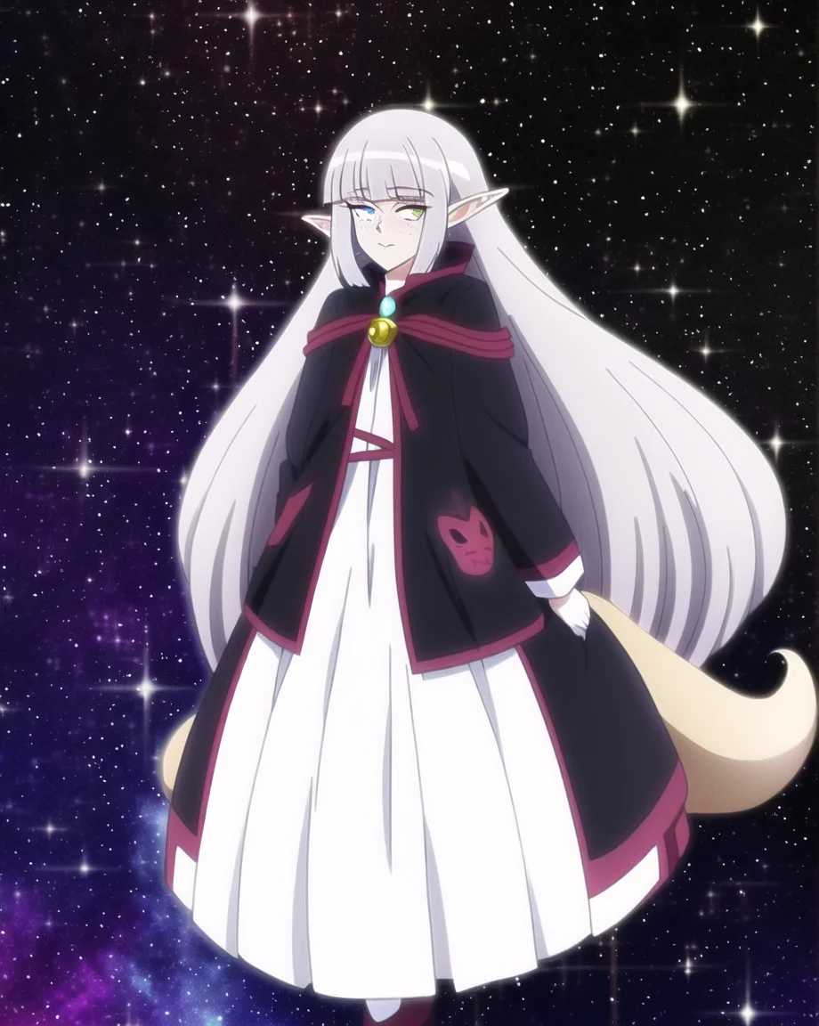 anime style, solo, 1girl, official art, (Flirty pose:0.95238), sharingan, Ella Freya, fullbody, Silver haired emo,(Dragon Girl:0.95238), elf ears, freckles, heterochromia, inked lines, outline, expressive, sleeveless jacket, kitsune mask, black hair with long silver ponytail, dynamic galaxy background, art by Komatsuzaki Rui