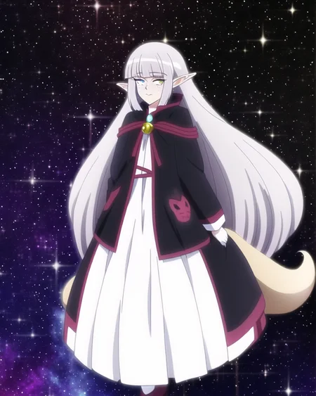 anime style, solo, 1girl, official art, (Flirty pose:0.95238), sharingan, Ella Freya, fullbody, Silver haired emo,(Dragon Girl:0.95238), elf ears, freckles, heterochromia, inked lines, outline, expressive, sleeveless jacket, kitsune mask, black hair with long silver ponytail, dynamic galaxy background, art by Komatsuzaki Rui