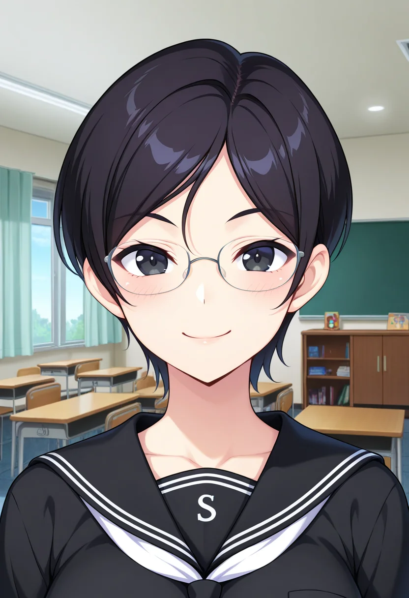 masterpiece, best quality, amazing quality, absurdres, 1girl, solo, (portrait:1.2), rikoww, black eyes, black hair, short hair, asymmetrical bangs, glasses, large breasts, school uniform, black serafuku, black sailor collar, white neckerchief, black shirt, looking at viewer, smile, indoors, day, skindentation, detailed clothing folds, depth of field, sharp, high contrast, dynamic light <lora:Suwabe_Riko_Shinsou_Noise_ill:0.8>