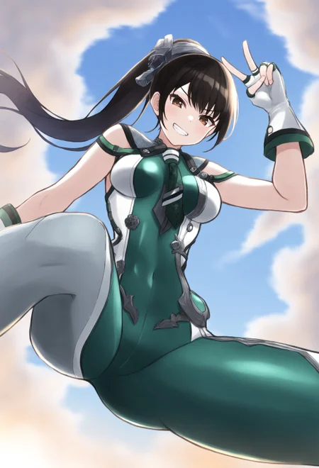 masterpiece, best quality, 1girl, solo, <lora:sbeve-illu-nvwls-v1-000007:1> defEve, black hair, brown eyes, long ponytail, necktie, green and white bodysuit, sleeveless, fingerless gloves, white gloves, medium breasts, falling, midair, forced perspective, from below, looking at viewer, naughty face, v-shaped eyebrow, teeth, blue sky, clouds, peace sign