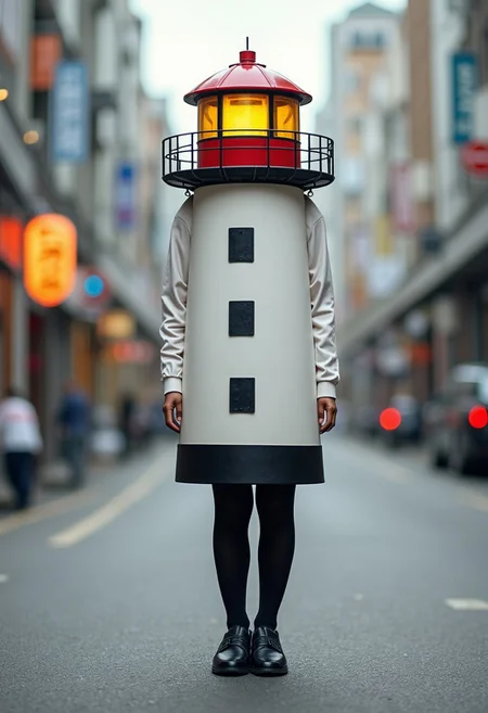 20-ish girl in a mascot costume that resembles a lighthouse, face invisible, wearing black thigh-high pantyhose, showing all her legs including her feet, wearing loafers, photo shot from 5m away, sideways, on the street