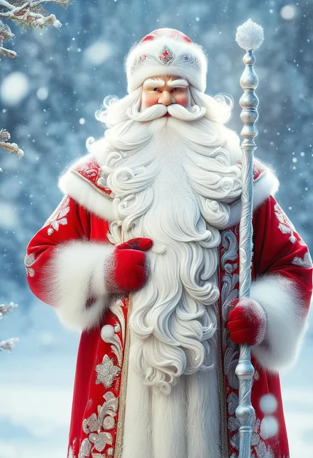 ((best quality)), ((masterpiece)), detailed soft oil painting, detailed background, soft edge lighting, professional, ultra quality, 4k,(masteriece, best quality, 8k, ultra highres, highres:1.4), extremely detailed, 
((a strong man of 60 years old with a long snow-white beard in the image of Russian, slavic Ded Moroz)) 
(standing:2) (full body photo:2) in the snowy forest, 
stands in a snowy forest among snow-covered fir trees, 
in a white fur coat trimmed with swan down or sable fur, embroidered with traditional Russian ornaments in silver - stars, crosses, geese, drawing in the style of oil painting, medium brush strokes, khokhloma style, slavic style, 
On the head is a traditional white warm boyar hat in the shape of a semi-oval, decorated with traditional Russian silver and pearl embroidery, trimmed with swan's down.
on her hands are huge white three-fingered mittens, decorated with traditional Russian silver embroidery.
The fur coat is tied with a white sash, embroidered with traditional Russian patterns.
On his feet are exclusively white felt boots embroidered with silver.
(((With his right hand he holds a long magical crystal staff with a twisted handle. The staff is decorated with a moon and a bull's head))). 
looks at the viewer, cheerful calm kind look, kind smile, cheeks red from frost, 
winter, a bright sunny frosty day, fluffy Christmas trees in snow, snow sparkles under the rays of the sun,
 by Viktor Vasnetsov, by Vasily Surikov