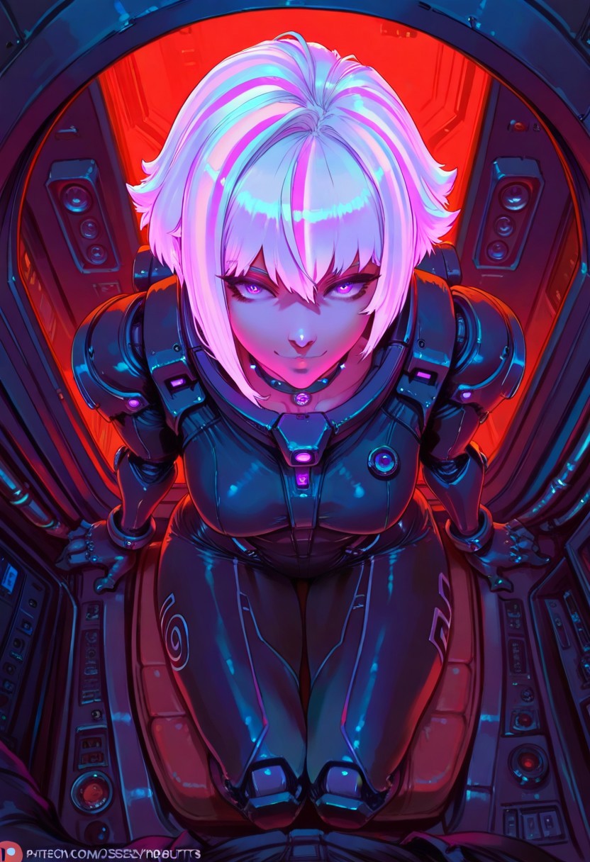 goth masterpiece, best quality, good quality, very aesthetic, absurdres, newest, 8K, depth of field, focused subject, 1girl, science-fiction, pov, light, from front, from above, 1girl, sci-fi, sitting, white marble outliner, grain, smile, (sexy) space suit, swirl, neon hair, short goth hair, mecha choker, tubes into parts, dynamic angle, in the style of cknc and pun 43, red filter /neon, full body shot
(cutesexyrobutts:0.9)