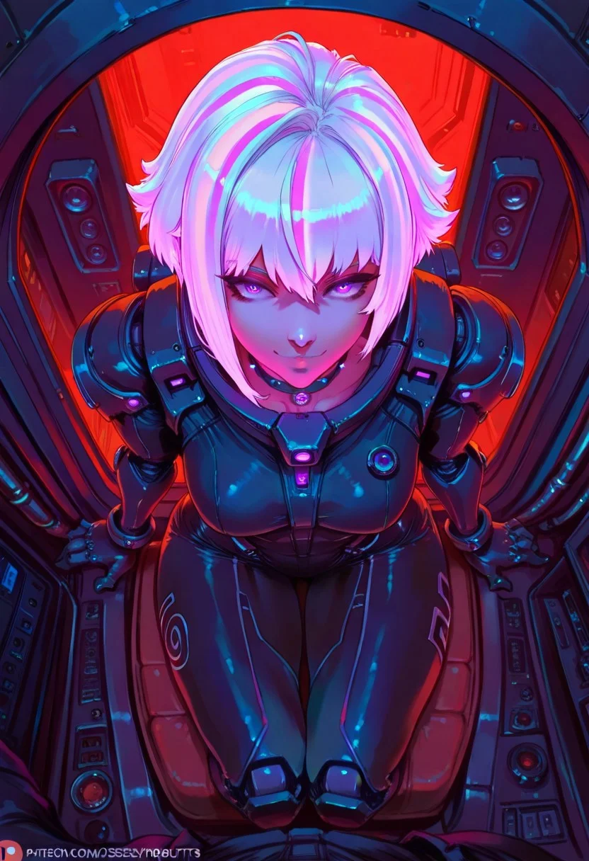 goth masterpiece, best quality, good quality, very aesthetic, absurdres, newest, 8K, depth of field, focused subject, 1girl, science-fiction, pov, light, from front, from above, 1girl, sci-fi, sitting, white marble outliner, grain, smile, (sexy) space suit, swirl, neon hair, short goth hair, mecha choker, tubes into parts, dynamic angle, in the style of cknc and pun 43, red filter /neon, full body shot
(cutesexyrobutts:0.9)