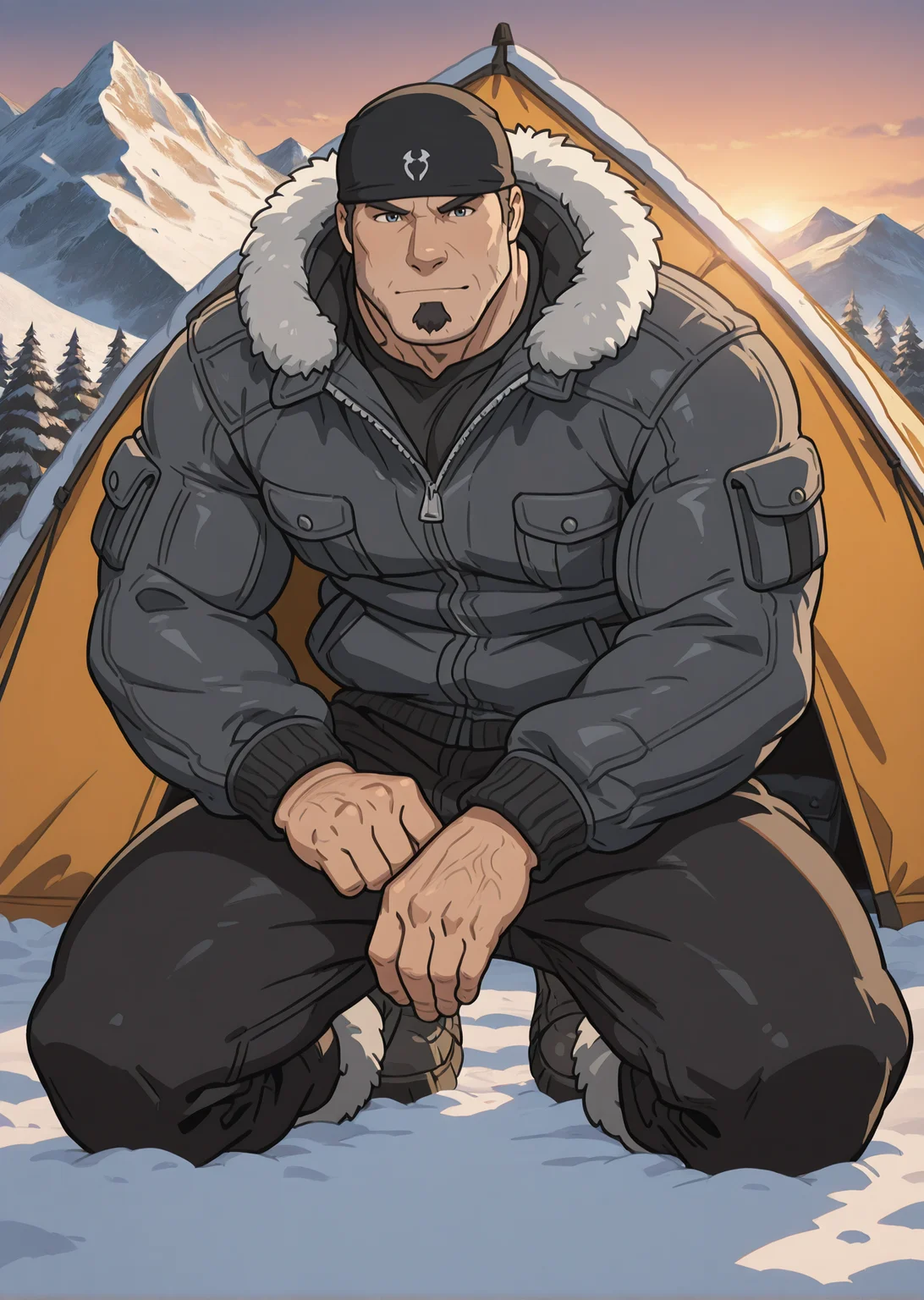 <lora:Marcus_Fenix_IL:0.97> og_marcus_fenix, 1boy, mature male, wrinkles, male focus, solo, muscular, bara, goatee, black bandana, winter jacket, tundra, snow, winter, evening, tent, black long pants, mountain boots, kneeling down, looking at viewer, pose, hand pose, masterpiece, best quality