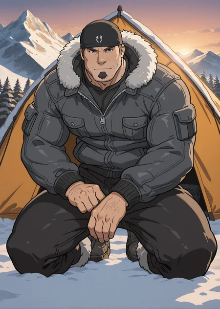 <lora:Marcus_Fenix_IL:0.97> og_marcus_fenix, 1boy, mature male, wrinkles, male focus, solo, muscular, bara, goatee, black bandana, winter jacket, tundra, snow, winter, evening, tent, black long pants, mountain boots, kneeling down, looking at viewer, pose, hand pose, masterpiece, best quality