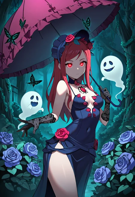 masterpiece, best quality, 1girl, solo, eyelashes, (beautiful eyes), dynamic pose, foreshortening,  [Haunted Garden Belle], mossy dress, ivy dress, bonnet, antique parasol, lace gloves, moths, glowing eyes, overgrown garden, haunted statue, ghostly atmosphere, decaying flowers, elegant ghost,