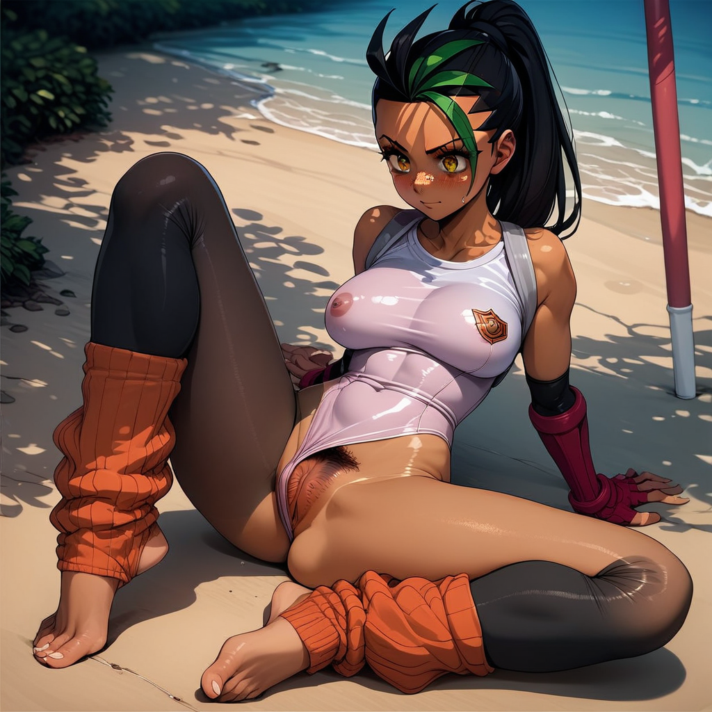 Artist Style:urushihara_satoshi, source_anime, ((score_9)),score_8_up,score_7_up,score_6_up,score_5_up,score_4_up, retro_workoutwear, source_pokemon, Nemona, BREAK, aged_up, large breasts, 20 year old female, Nemona\(Pokemon\), 1woman, dark-skinned_female, streaked hair, 1980s_(style), aerobics, leg_warmers, stirrup_legwear, open-bust_leotard, skintight, see-through, pubic_hair_under_leggings, pubic_hair_under_pantyhose, bush, pubic_hair_peek, bush, uncensored, female_pubic_hair, partially_exposed_vulva, beach, outdoors, sunny