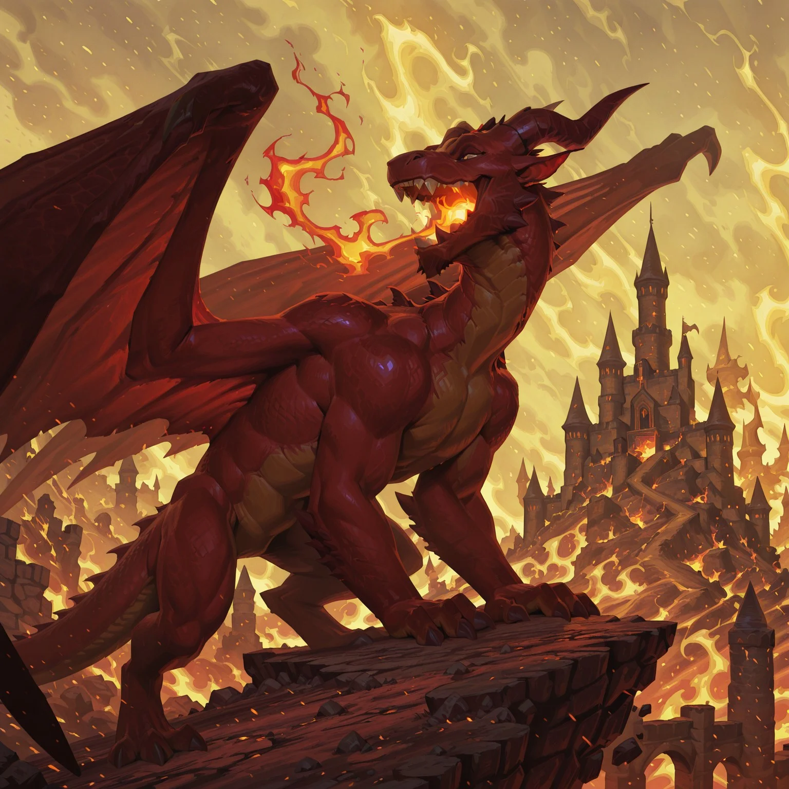 wayne reynolds, dragon, fire, horns, wings, castle, breathing fire, solo,animal focus,