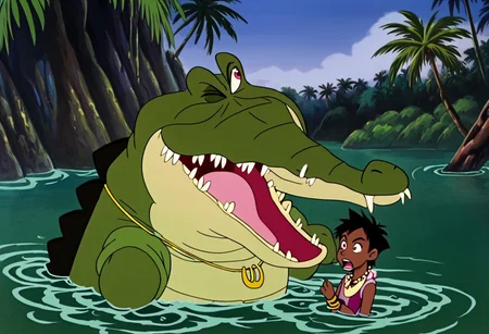 Tick tock crocodile,male animal focus,tail, crocodile open large mouth ,green skin, blue eyes, Tick Tock the crocodile is giant and very huge size,teeth, swimming in water,partially submerged,Tick Tock the crocodile looking at a young Choi mochimazzi who she is sitting on Tick Tock the crocodile belly floating on the water on his back. choim,Choi mochimazzi ,short hair, black hair, red eyes, dark-skinned female,purple eyes,
dress, jewelry, dark skin, necklace, bracelet, wristband,anklet, barefoot,open mouth,river,palm trees, jungle tropical, Disney, anime,tamako market
