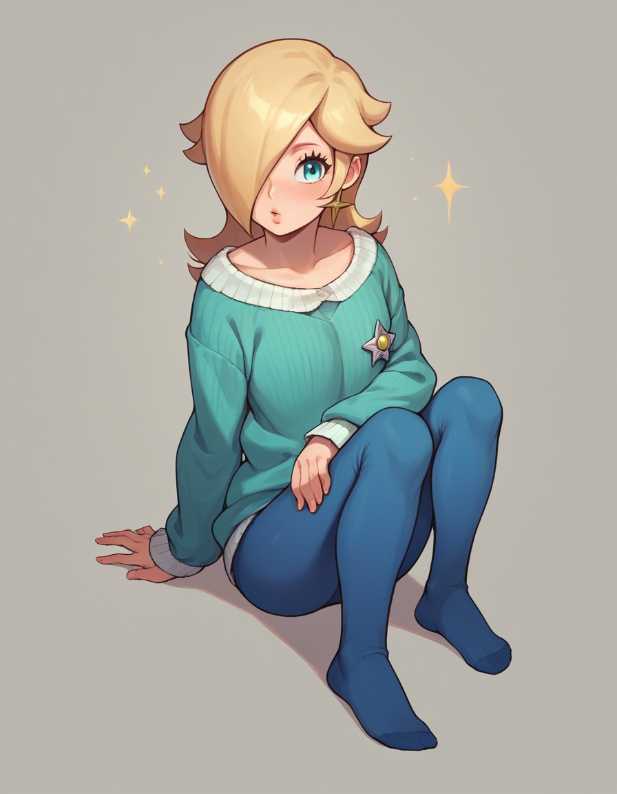 zPDXL, score_9, score_8_up, score_7_up, source_anime, 1girl, solo, 
<lora:Cotton_v2:0.8> ribbed tights, blue legwear, no shoes, Rosalina, medium hair, blonde hair, sweater,