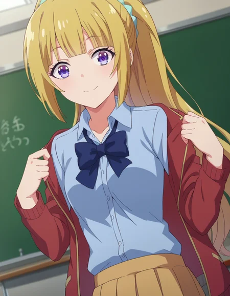 score_9, score_8_up, score_7_up, source_anime,
keikaruizawa, <lora:kei-karuizawa-anime-s2-ponyxl-lora-nochekaiser:1>,
kei karuizawa, long hair, bangs, blunt bangs, purple eyes, blonde hair, shirt, hair ornament, ponytail, scrunchie, blue scrunchie, smile,
skirt, shirt, bow, school uniform, jacket, red jacket, pleated skirt, bowtie, sweater, blue bow, blue shirt,
indoors, classroom,
looking at viewer, cowboy shot, dutch angle,