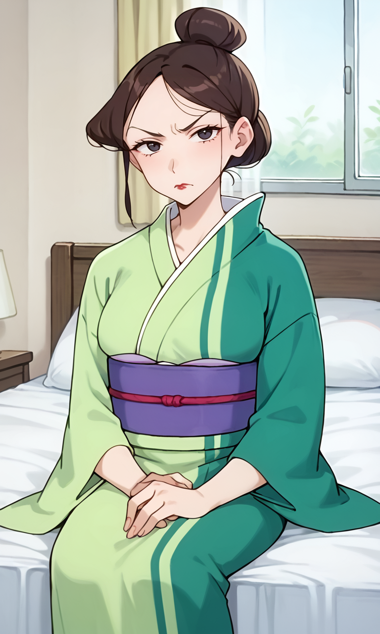 (1girl:1.5), (solo:1.3), (score_9, score_8_up, score_7_up, score_6_up, score_5_up, score_4_up), (source_anime), rating_questionable, looking at viewer, (cowboy shot:1.3), indoors, hospital bed, sitting, 
 <lora:matsuzaka-matsu_v2:1> (matsuzaka-matsu), (frown:1.3), (black eyes, eyelashes, dark brown hair, single hair bun, red lips), (green kimono, purple obi, huge breasts), red pouch,
smile mouth,