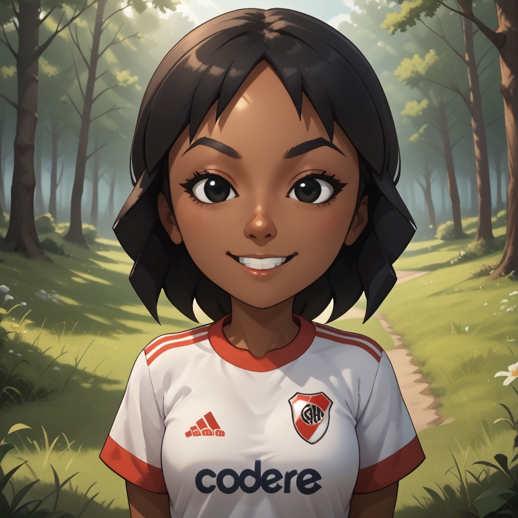 score_9, score_8, BREAK, solo, mii, wii, 1girl, female mii, wii sports, cute, black hair, black eyes, black eyebrows, RiverPlate, striped shirt, striped, shirt, white shirt, short sleeves, clothes writing, sportswear, soccer uniform, black pants, shoes, dark skin, dark skin female, Haru_(Wii_Sports), nintendo mii, modern_mii, classic_mii, adult female, mature female, breasts, sexy pose, self portrait, smile, outdoors, sunlight, shadows, evening lighting, natural lighting, forest, trees, grass, orange sky, sunset