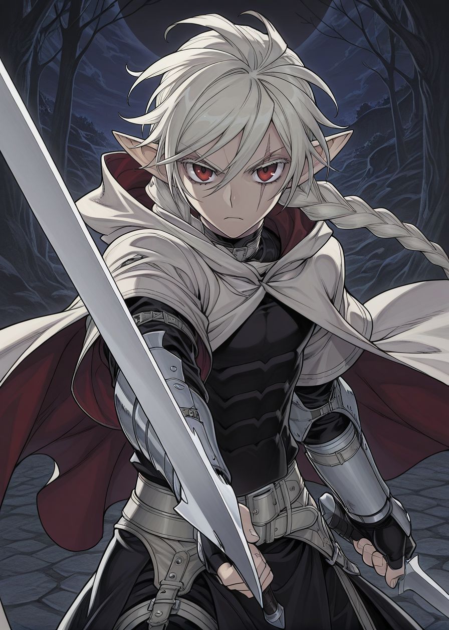 masterpiece, best quality, arms at sides, male focus, 1boy, male, gothic background, night, solo, (concept art:1.2), fighting stance, holding sword, pointing sword at viewer, 
<lora:Koinzell:0.8>, Koinz0l, red eyes, platinum blonde hair, scar across eye, pointy ears, twin braid, platinum blonde eyelashes, cape, hooded cloak,