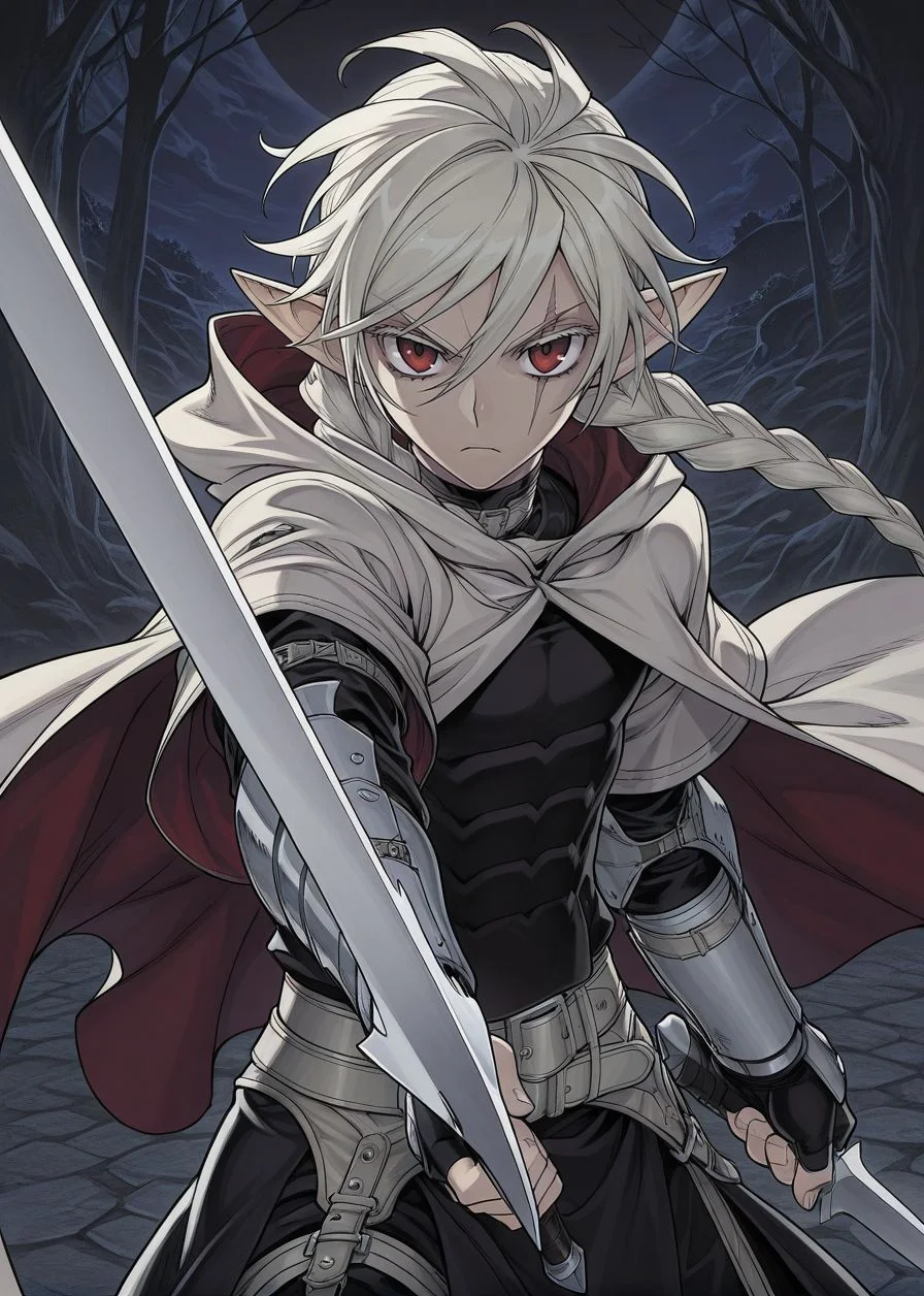 masterpiece, best quality, arms at sides, male focus, 1boy, male, gothic background, night, solo, (concept art:1.2), fighting stance, holding sword, pointing sword at viewer, 
<lora:Koinzell:0.8>, Koinz0l, red eyes, platinum blonde hair, scar across eye, pointy ears, twin braid, platinum blonde eyelashes, cape, hooded cloak,