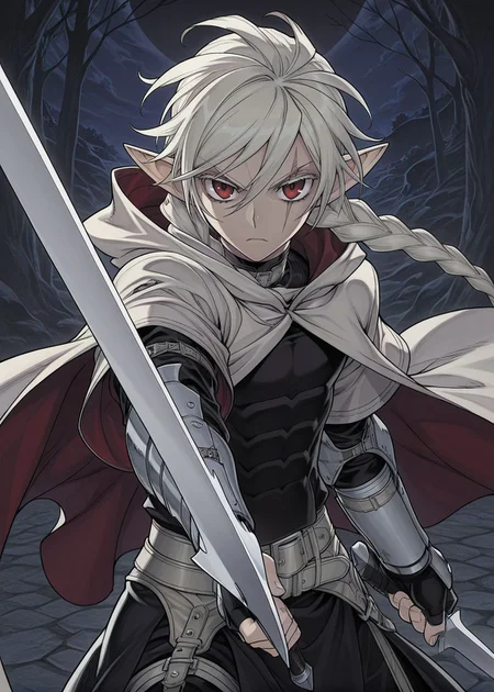 masterpiece, best quality, arms at sides, male focus, 1boy, male, gothic background, night, solo, (concept art:1.2), fighting stance, holding sword, pointing sword at viewer,
<lora:Koinzell:0.8>, Koinz0l, red eyes, platinum blonde hair, scar across eye, pointy ears, twin braid, platinum blonde eyelashes, cape, hooded cloak,