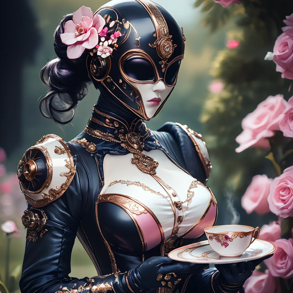 core_9, score_8_up, score_7_up, score_6_up, <lora:RococoSteampunkPony:1> ArsMJStyle, Rococo Steampunk, The image shows a woman in a black and gold costume holding a cup and saucer with a flower in her hand. In the background there are trees and flowers creating a peaceful atmosphere., 1girl, pink flower, solo, blurry background, flower, holding, cup, hair flower, pink rose, blurry, holding cup, hair ornament, breasts, teacup, helmet