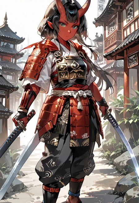 score_9, score_8_up, score_7_up, rating_suggestive, tiefling, one female, single person, red skin, black hair, straight horns, red samurai armor, easynegative, negative_hand, MythAn1m3, pointed ears, ancient japanese city, standing, samurai,
musuclar woman, amazona, full body, green black eyes, 1girl, red glowing katana,