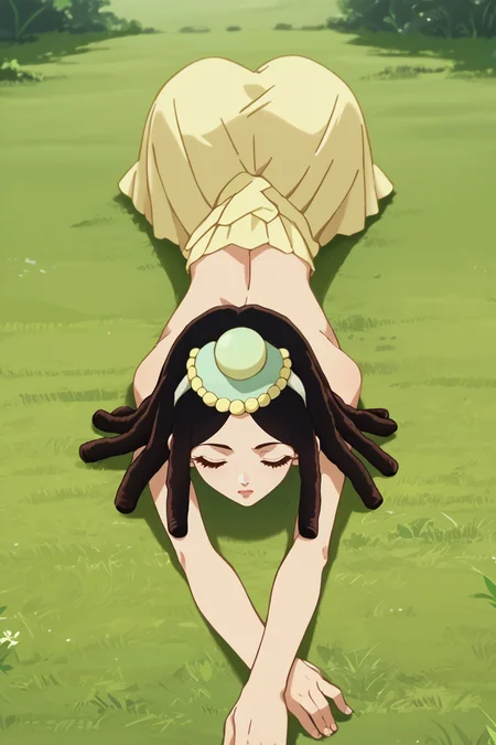 score_9, score_8_up, score_7_up, score_6_up, source_anime BREAK 1girl, solo, <lora:dsamaryllis-pdxl-nvwls-v1-000005:1> dsamaryllis, dreadlocks, medium hair, headdress, detached collar, strapless dress, long dress, cleavage, medium breasts, top-down bottom-up, ass, from behind, closed eyes, field