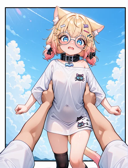 petite, 
 <lora:MiniKomewV2:1> minikomew, blonde hair, catgirl, cat ears, round glasses, medium hair, cat tail, hairclip, blue eyes, collar, white shirt, oversized shirt, off shoulder,  asymmetrical  legwear, black legwear,
 <lora:Lifting_Person__Pose_Concept__IllustriousXL_and_NoobAI:1> lifting person, 1girl, 1boy, open mouth, wavy mouth, blush, looking at viewer, pov, pov hands, feet out of frame, sky, blue sky, cloudy sky, cloud, day, black border, masterpiece, best quality, amazing quality, very aesthetic, absurdres, newest