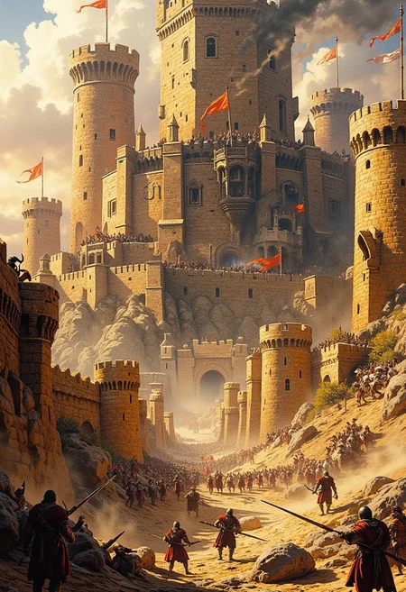 a medieval saracen army laying siege to a colossal crusader medieval castle of sand-coloured stones, with buttresses and crenelations, rising out of the dawn mist on a dusty desert environment, directional lighting, stormy sky. Trebuchets fling enormous rocks against the castle walls, causing damage, and siege towers and battering rams are being pushed by saracen soldiers towers the castle walls and gate