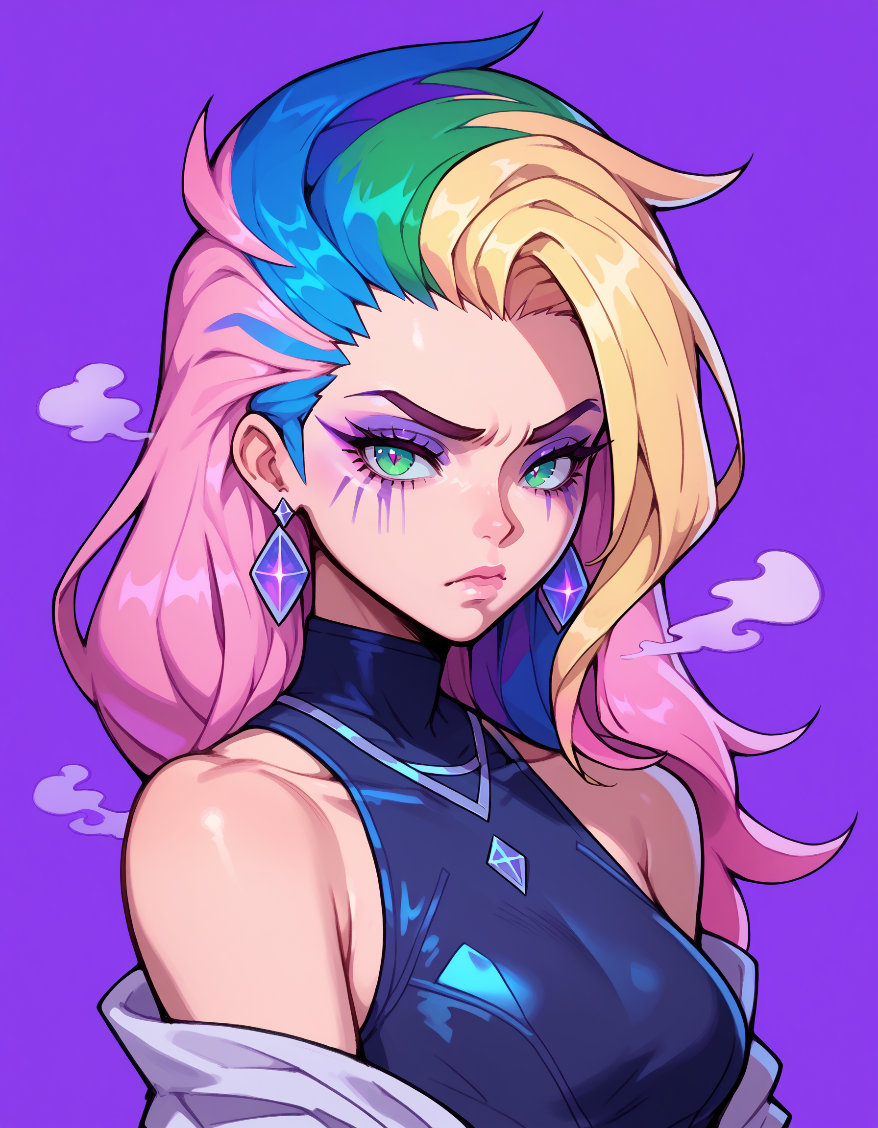 PonyXLV6_Scores BREAK souce_anime, E4rth_K4waii_Pr1de, 1girl, solo, long hair, looking at viewer, blonde hair, simple background, bare shoulders, jewelry, closed mouth, green eyes, blue hair, streaked hair, rainbow hair, rainbow eyes, vapor, smoke, upper body, pink hair, earrings, green hair, makeup, eyeshadow, purple background, k/da , (league of legends), <lora:Earthnicity_Kawaii_LGBTQIA__Plural_Pride_Lora_Pony_XL:0.8>
