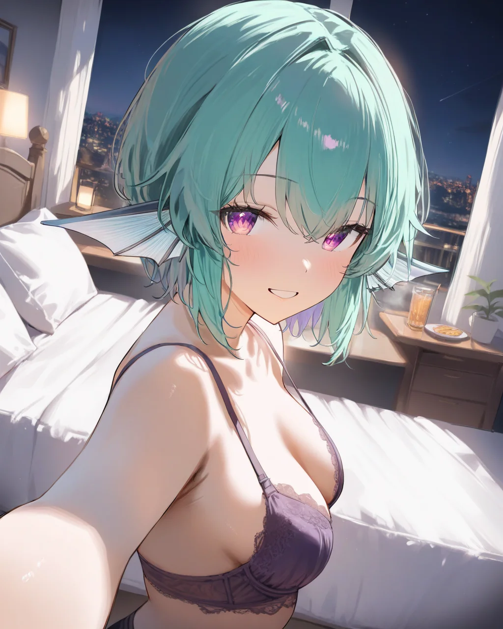 1girl, FinanaRyuguNijisanji,
sensitive, solo, dynamic angle,
dating, looking at viewer, smile,
short hair, purple_eyes,
spread arms,
lace-trimmed bra,
night, bedroom,
<lora:kp_FinanaRyuguNijisanjiAnimagineXL_v1_1:1.0>,
masterpiece, high score, great score, absurdres