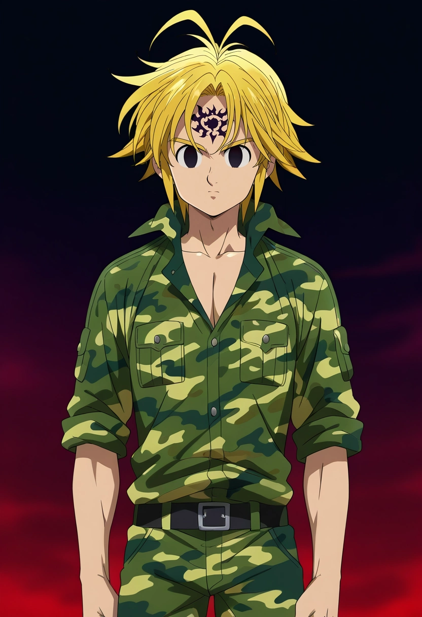 masterpiece, best quality, intricate details, anime screencap, anime coloring, official style, , 1boy, solo, male focus, <lora:meliodas_nanatsu_no_taizai_ilxl:1>, meliodas_nanatsu_no_taizai, blonde hair, short hair, antenna hair, facial mark, empty eyes, black eyes, forehead mark, demon form, demon outfit, , Convertible pants, Damask Chartreuse Camouflage shirt, , ,