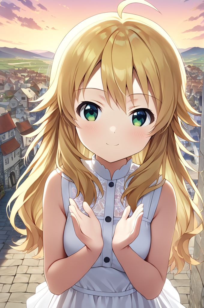 hoshii_miki, 1girl, solo,petite,long hair, blonde hair, green eyes,ahoge,medium breasts,close up,standing,looking at viewer,flowerhands,white dress, Make flower shape with both hands, open palms,incoming,upperbody,smile,cloud,sunset,town,wind<lora:Hoshii_Miki:0.7> <lora:better skin typeB-v1:0.7> <lora:XDetail_light:1>masterpiece,best quality,source anime
 <lora:negativeXL_D:1> <lora:_sdxl-flowerhands:0.7>