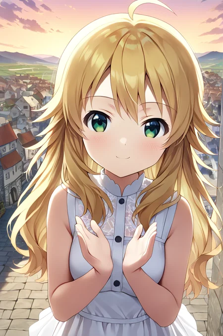 hoshii_miki, 1girl, solo,petite,long hair, blonde hair, green eyes,ahoge,medium breasts,close up,standing,looking at viewer,flowerhands,white dress, Make flower shape with both hands, open palms,incoming,upperbody,smile,cloud,sunset,town,wind<lora:Hoshii_Miki:0.7> <lora:better skin typeB-v1:0.7> <lora:XDetail_light:1>masterpiece,best quality,source anime
 <lora:negativeXL_D:1> <lora:_sdxl-flowerhands:0.7>