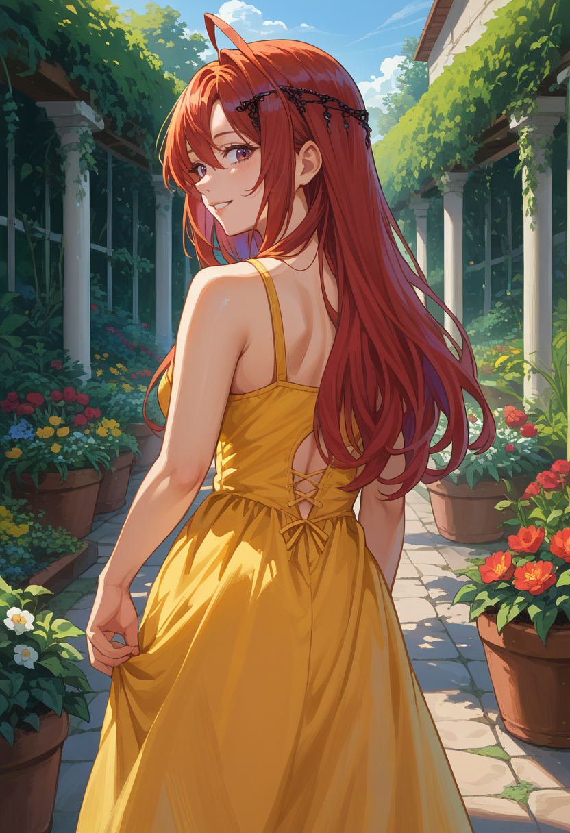 score_9, score_8_up, source_anime, 1girl, solo, ElizabethRB, long hair, ahoge, hair ornament, from behind, yellow sundress, garden, day, sunshine, smile, looking back, <lora:ChamElizabethBloodflamePonyXL:1>