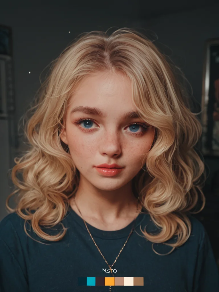 (score_9, score_8_up, score_7_up),, 1girl, <lora:SLDomi:1> 20 yo girl, wavy blonde hair,, vintage, low saturation color, blue midtone pallet, cinematic quality, cinematic color palette, big screen color scheme