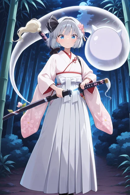 absurdres, highres, masterpiece, best quality, amazing quality, official anime artwork, screencap, anime screencap, outdoors, looking at viewer,
 <lora:Youmu-Konpaku_IllustriousV2:1> konpaku youmu, 1girl, solo, blue eyes, grey hair, short hair,, konpaku youmu \(white gardener of the netherworld tower\), alternate costume, black hairband, hair flower, hair ornament, white kimono, white hakama, floral print, pink flower, hakama skirt, lace-up boots, black boots, katana, sword on back, unsheathing, ghost,
night, bamboo forest,