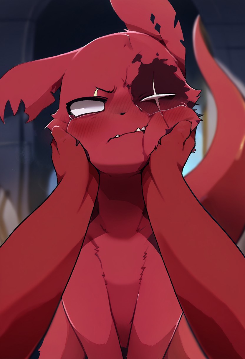 score_9, score_8_up, score_7_up, score_6_up, score_5_up, score_4_up, artificer, slugcat, artificer slugcat), red body, white eyes, burn scar, eye scar, facial scar, tail, cheek squash, hands on another's face, hands on another's cheeks, solo focus, pov hands, pouting, blush, disembodied hands