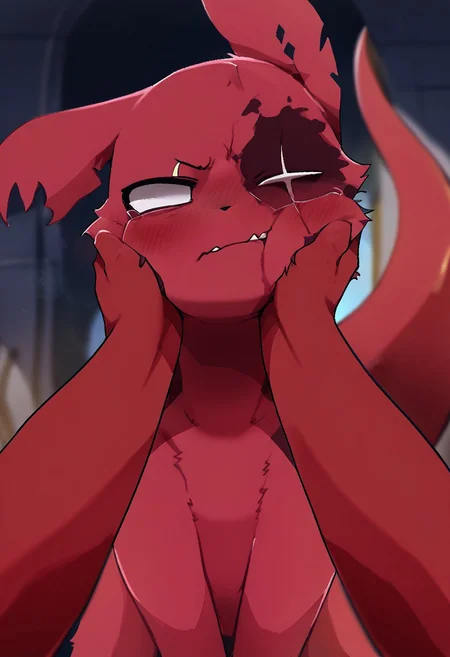 score_9, score_8_up, score_7_up, score_6_up, score_5_up, score_4_up, artificer, slugcat, artificer slugcat), red body, white eyes, burn scar, eye scar, facial scar, tail, cheek squash, hands on another's face, hands on another's cheeks, solo focus, pov hands, pouting, blush, disembodied hands