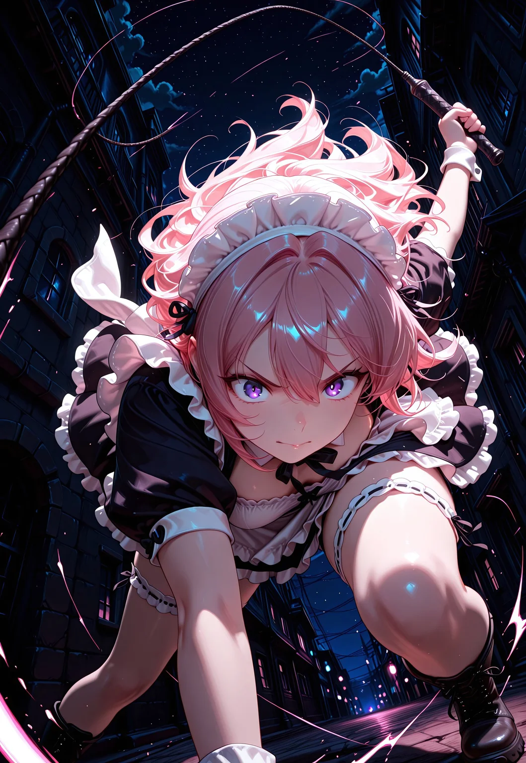 masterpiece, ultra-detailed, action style, radical motion, extreme perspective, CivChan, purple eyes, pink hair, maid outfit, combat boots, leaping through the air, swinging a whip, vibrant colors, whimsical but dangerous scene, night shot, late night, exterior, dark alleyway, dynamic composition, Smooth Quality