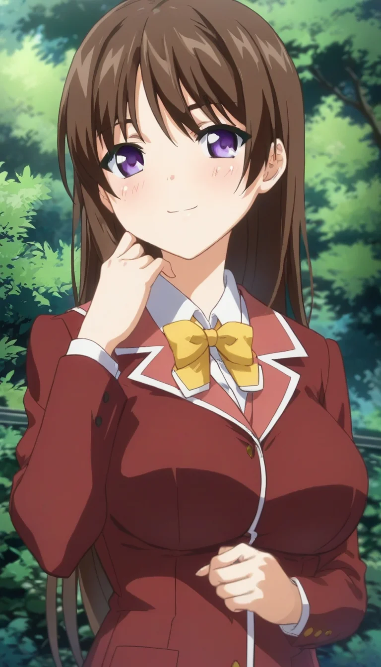 score_9,score_8_up,score_7_up,score_6_up BREAK official art,solo,outdoors,upper body,(portrait:1.5),looking at viewer,facing viewer,smile,blush,(petite:1.5),Akitsuki Marina,long hair,brown hair,bangs,purple eyes,school uniform,red jacket,blazer,yellow bowtie,collared shirt,white shirt,long sleeves,large breasts,miniskirt,pleated skirt,white skirt,white socks,loafers,<lora:Akitsuki Marina(oc)-Pony:1.5>,
