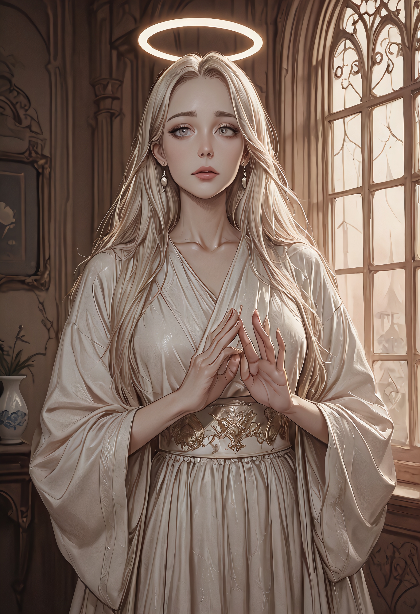 darkmode, (((best quality))), (((masterpiece))), (((amazing quality))), (((very aesthetic))), (((detailed eyes))), (((perfect eyes))), (((realistic eyes))), platinum blonde woman in a flowing silk robe, standing near a tall arched window with sheer drapes, golden hour light outlining her ethereal silhouette, smooth porcelain skin glowing softly, halo-like glow above her head, soft focus background, elegant hand gesture, pearl earrings, serene and divine mood, subtle film grain, timeless noir glamour, 58mm lens,