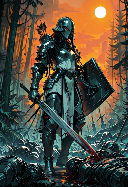 masterpiece, best quality, good quality, very awa, newest, highres, absurdres,  1girl, dress, holding, weapon, boots, multiple boys, sword, white dress, holding weapon, armor, blood, holding sword, helmet, gauntlets, 6+boys, shield, injury, sun, arrow \(projectile\), fantasy, battle, knight, full armor, holding shield, death, orange sky, forest, jungle, corpse, impaled, protecting, limited palette, h4ra_illu <lora:illustriousXL_stabilizer_v1.23:0.3> <lora:NOOB_vp1_detailer_by_volnovik_v1:0.3> <lora:ponyv6_noobE11_2_adamW-000017:0.3> <lora:114558v4df2fsdf5:0.6> <lora:XXX667:0.4> <lora:-_iLL_-_the_edgy_mech_V2.0-:0.8>